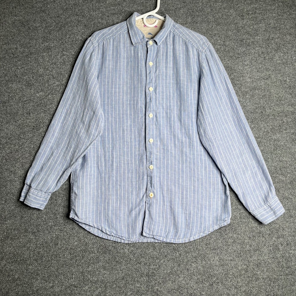 Tommy Bahama Relax Mens Medium Blue White Striped 100% Linen Button Front Shirt